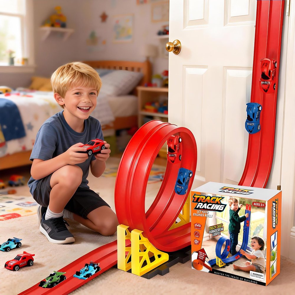16ft DIY Flexible Toy Car Track, Window Wall Stunt Racetrack, Suction Cups & Stabilizer Clips, 4 Diecast Cars Included, Loop Turns, Plays Longer Than Short Tracks, Easy Roll-Up Gift Box, 4-8 Year Old