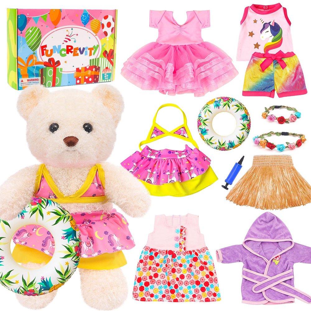 Bear Clothes with 1 Pcs Bear, Stuffed Animal Clothes Plush Doll Small Animal Garment Suit Dolls Accessories DIY Toy Gift