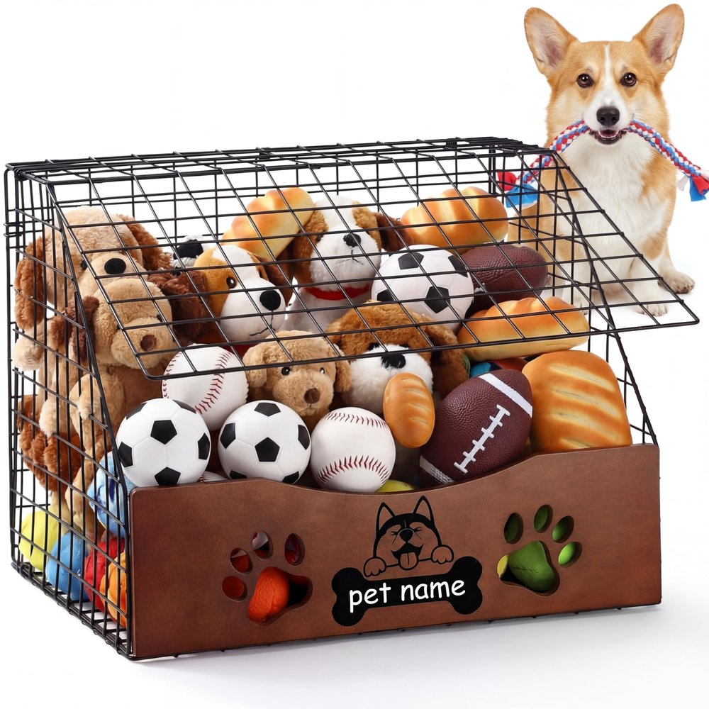 AceOrbit Large Dog Toy Basket with Cover, 16.5" L x 12.2" w x 12.8" h Trapezoidal Metal & Wood Dog Toy Bin Box Storage Organizer for Farmhouse Blankets, Leashes & Accessories(Brown)