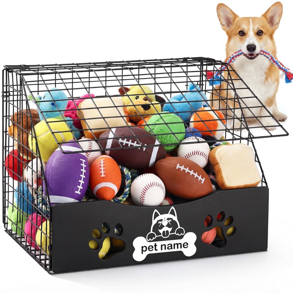 AceOrbit Large Dog Toy Basket with Cover, 16.5" L x 12.2" w x 12.8" h Trapezoidal Metal & Wood Dog Toy Bin Box Storage Organizer for Farmhouse Blankets, Leashes & Accessories(Black)