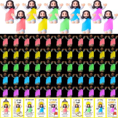 CroBlissful 100 Sets Mini Jesus Figurines Glow in The Dark with Let Your Light Shine Cards for Christian Valentine Gifts Church Sunday School Religious Gifts for Easter Egg Fillers (Raise Both Hands)