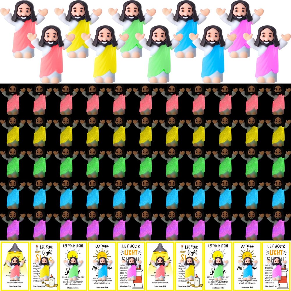 CroBlissful 100 Sets Mini Jesus Figurines Glow in The Dark with Let Your Light Shine Cards for Christian Valentine Gifts Church Sunday School Religious Gifts for Easter Egg Fillers (Raise Both Hands)
