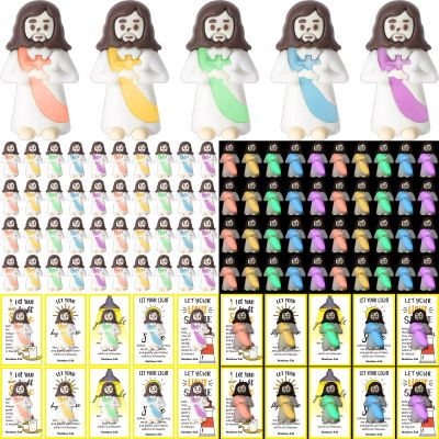 CroBlissful 200 Sets Mini Jesus Figurines Glow in The Dark with Let Your Light Shine Cards for Christian Valentine Gifts Church Sunday School Religious Gifts for Easter Egg Fillers (Holding A Cross)