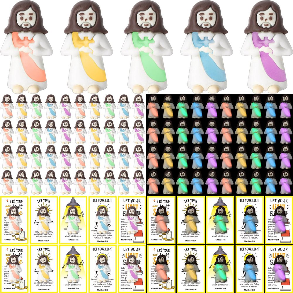 CroBlissful 200 Sets Mini Jesus Figurines Glow in The Dark with Let Your Light Shine Cards for Christian Valentine Gifts Church Sunday School Religious Gifts for Easter Egg Fillers (Holding A Cross)