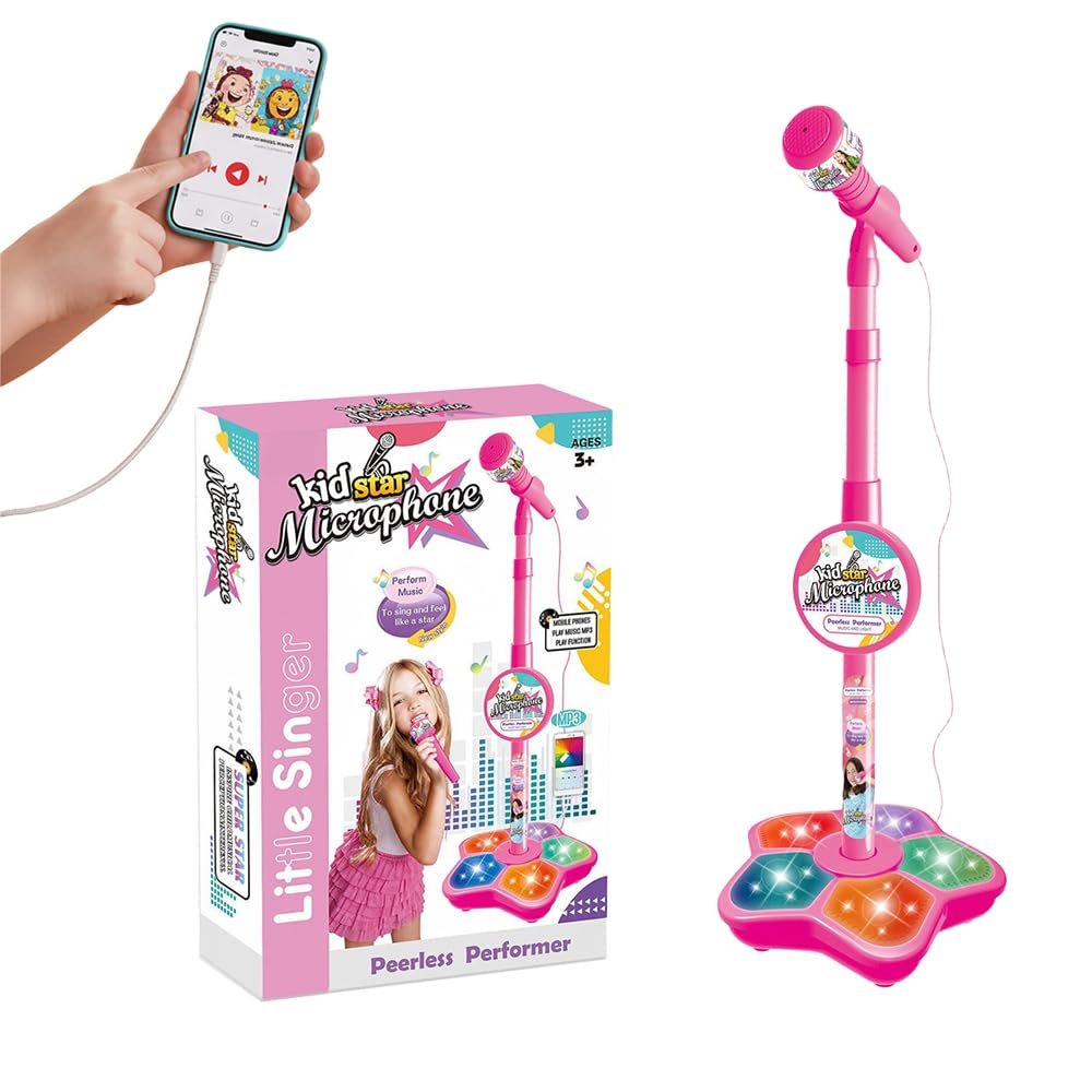 Kids Microphone with Stand, 2026 New All-in-One Microphone Toy, Multifunctional Singing Toy for Birthday Parties, Portable Karaoke Microphone Toy for Kids (Pink)