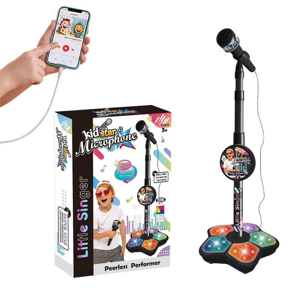 Kids Microphone with Stand, 2026 New All-in-One Microphone Toy, Multifunctional Singing Toy for Birthday Parties, Portable Karaoke Microphone Toy for Kids (Black)