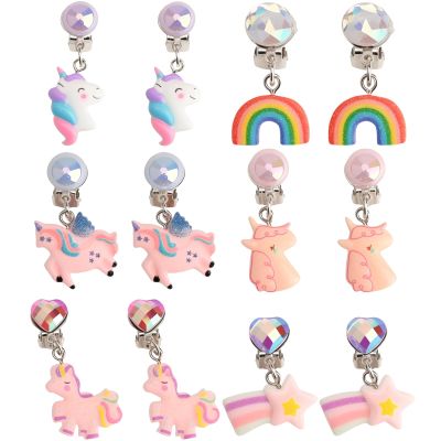 6 Pairs Clip On Earrings Non-Pierced for Dress Up Princess Non-Pierced Rainbow Cute Animal Colorful Party Favor
