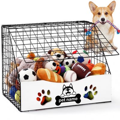 AceOrbit Large Dog Toy Basket with Cover, 16.5" L x 12.2" w x 12.8" h Trapezoidal Metal & Wood Dog Toy Bin Box Storage Organizer for Farmhouse Blankets, Leashes & Accessories(White)