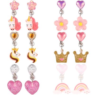 6 Pairs Clip On Earrings Non-Pierced for Dress Up Princess Non-Pierced Rainbow Cute Animal Colorful Party Favor (Type A)