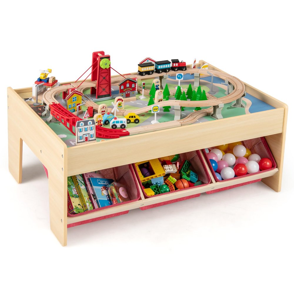 Costzon Train Table, 3-in-1 Wooden Activity Table W/ 3 Storage Bins, Reversible 94 PCS Track Train Toys & Table Map for Building, Playing, Studying, Eating, Kids Train Set Table for Boys Girls Aged 3+