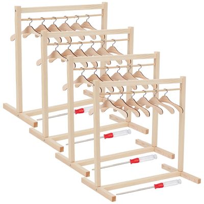 ACRNIGHEET 64Pcs Wooden Doll Garment Rack for 18 Inch Dolls, Natural Pine, 4 Racks 60 Doll Clothes Hangers for Dollhouse, Easy-Assembly Mini Wardrobe Closet