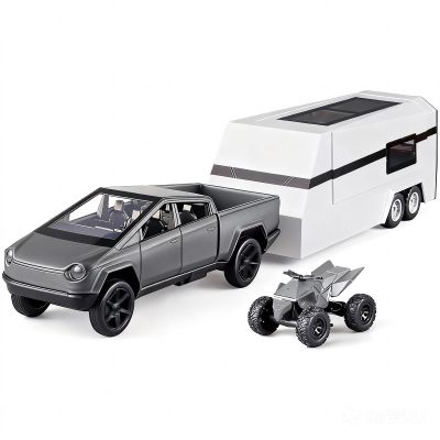 1:32 Scale Alloy Pickup Truck Toy with Trailer & ATV, Interactive Lights & Sounds, Opening Doors/Trunk, Pull-Back Function, Educational Vehicle Playset for Kids Boys Girls (Grey)