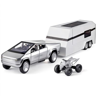 1:32 Scale Alloy Pickup Truck Toy with Trailer & ATV, Interactive Lights & Sounds, Opening Doors/Trunk, Pull-Back Function, Educational Vehicle Playset for Kids Boys Girls (Silver)