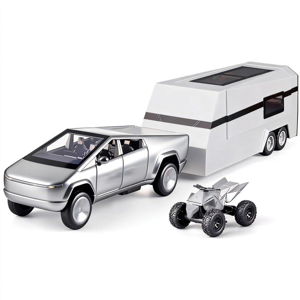 1:32 Scale Alloy Pickup Truck Toy with Trailer & ATV, Interactive Lights & Sounds, Opening Doors/Trunk, Pull-Back Function, Educational Vehicle Playset for Kids Boys Girls (Silver)