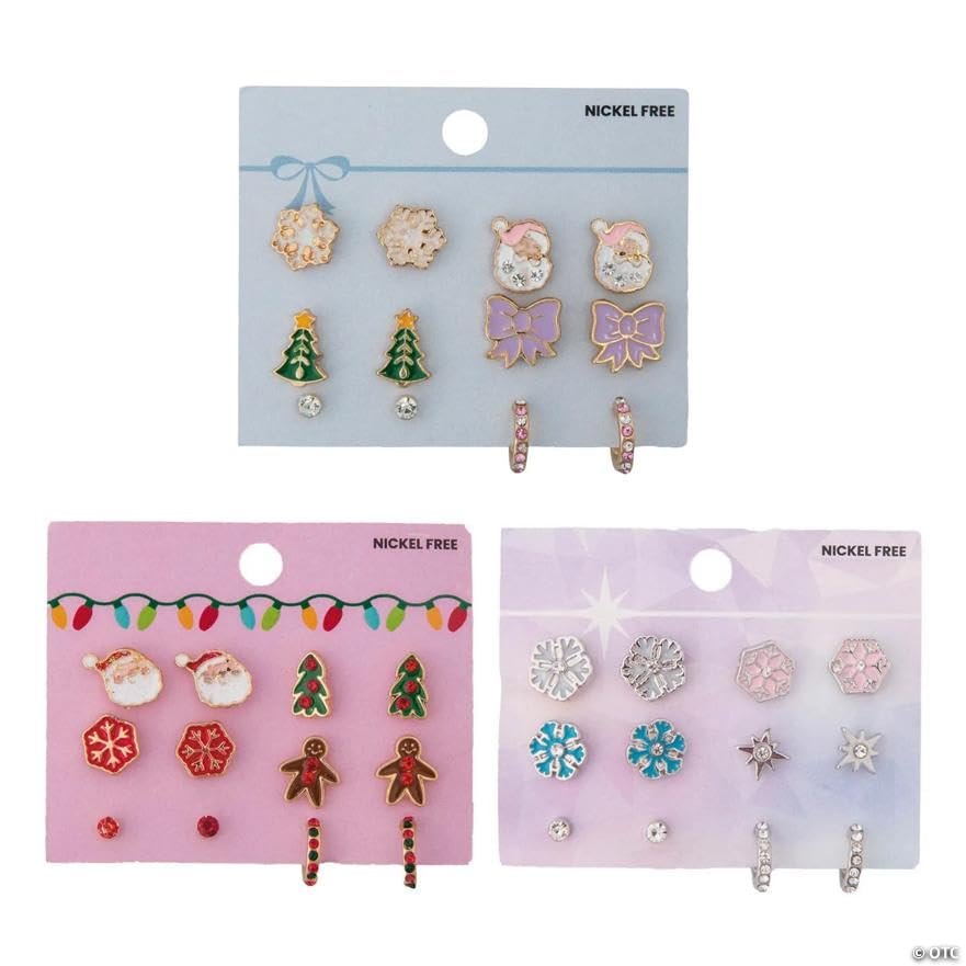 1/4" Christmas Metal Stud Earring Assortments on Card Set  9 Pc.