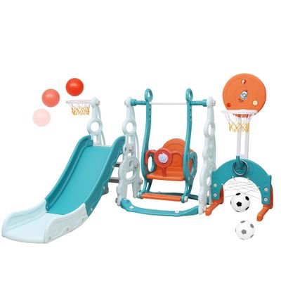 5 in 1 Toddler Slide and Swing Set, Indoor Playground for Kids with Safety Swing, Basketball Hoop & Soccer Net, Anti-Tip Stable Design, Toys for Boys Girls Ages 1-6 (Tower-Slide-Blue)