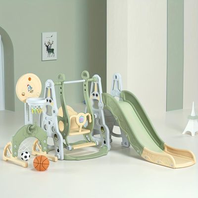 5 in 1 Toddler Slide and Swing Set, Indoor Playground for Kids with Safety Swing, Basketball Hoop & Soccer Net, Anti-Tip Stable Design, Toys for Boys Girls Ages 1-6 (Alien-Slide-Green)