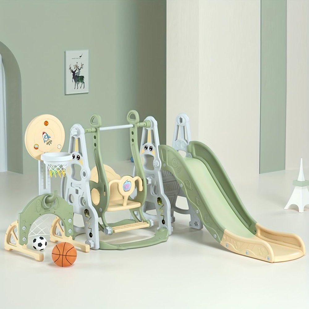5 in 1 Toddler Slide and Swing Set, Indoor Playground for Kids with Safety Swing, Basketball Hoop & Soccer Net, Anti-Tip Stable Design, Toys for Boys Girls Ages 1-6 (Alien-Slide-Green)
