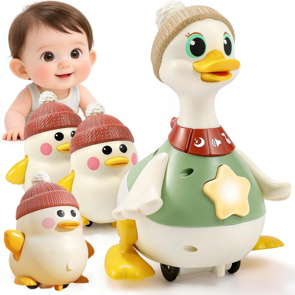 Little Duck Family Tummy Time Toys for Baby 6-12 Months, Musical Crawling Duck Toy with Music & Light, Baby Ducks Toy for Toddlers 1-3, Birthday Gifts for Boys Girls (Mother Goose + 3 Goslings)