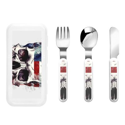 3-Piece Kids Silverware Set With Storage Case, Stainless Steel Reusable Children Safe Knife Spoon Fork Set American Flag Skull Children Flatware Set For Kids Lunch Box