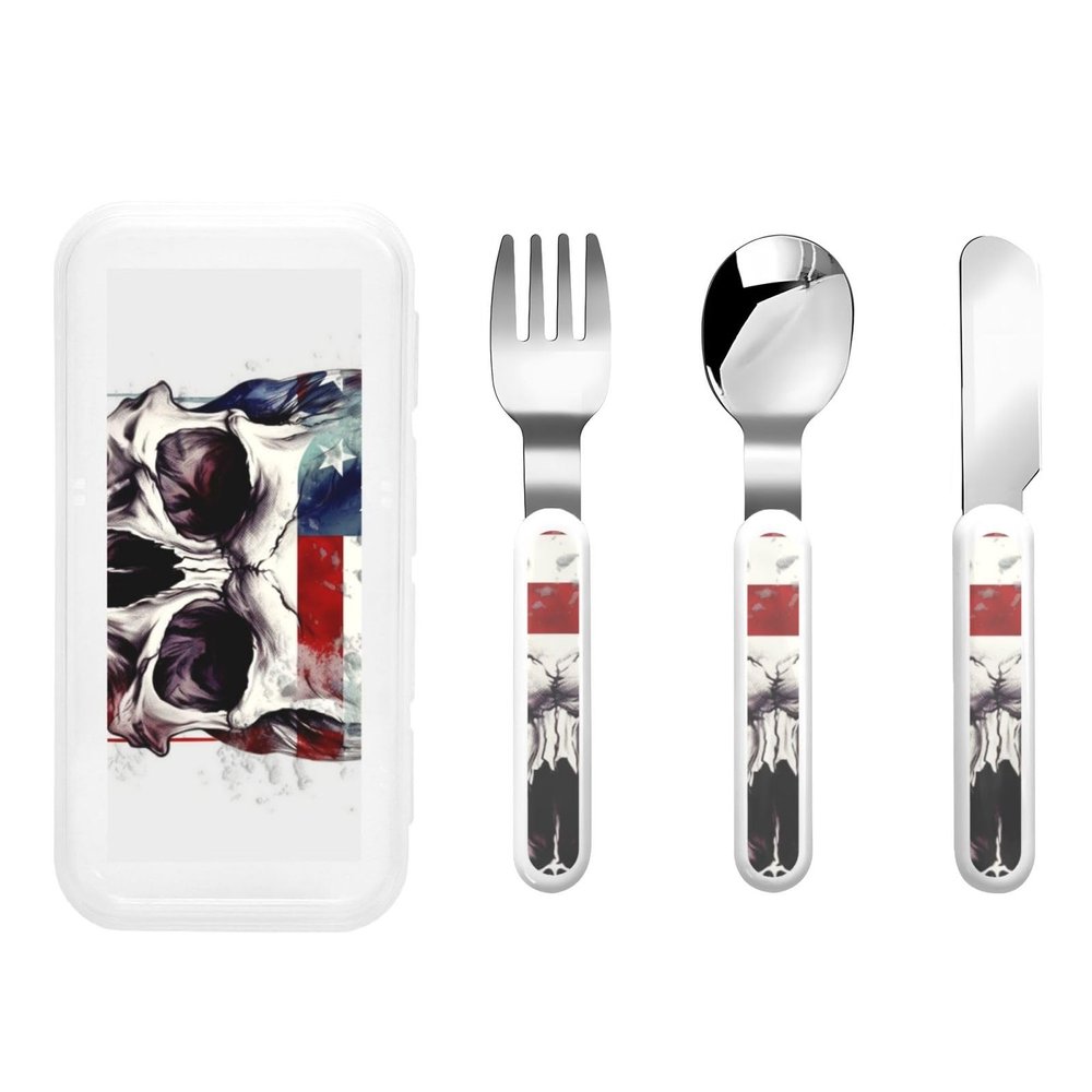 3-Piece Kids Silverware Set With Storage Case, Stainless Steel Reusable Children Safe Knife Spoon Fork Set American Flag Skull Children Flatware Set For Kids Lunch Box