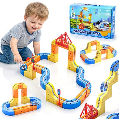 WUPIOS Electric Train Set for Kids 3 4 5 6 7 8, 3D Flexible Race Track 83 PCS Car Track for Toddlers 3-5, Magnetic Track Car Toys Gravity Defying Train Track Stem Learning Toy Gift Cube Track