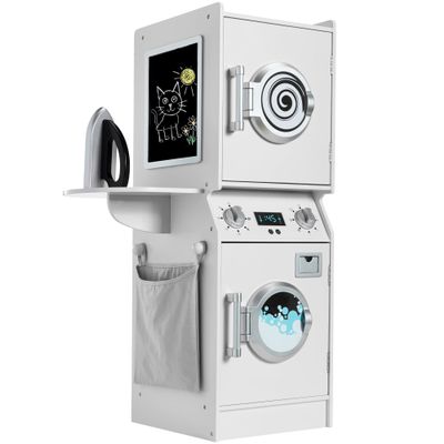 Best Choice Products Pretend Play Kids Wooden Stacked Washer & Dryer Set with Toy Laundry Storage, Space-Saving Design, with Accessories - White