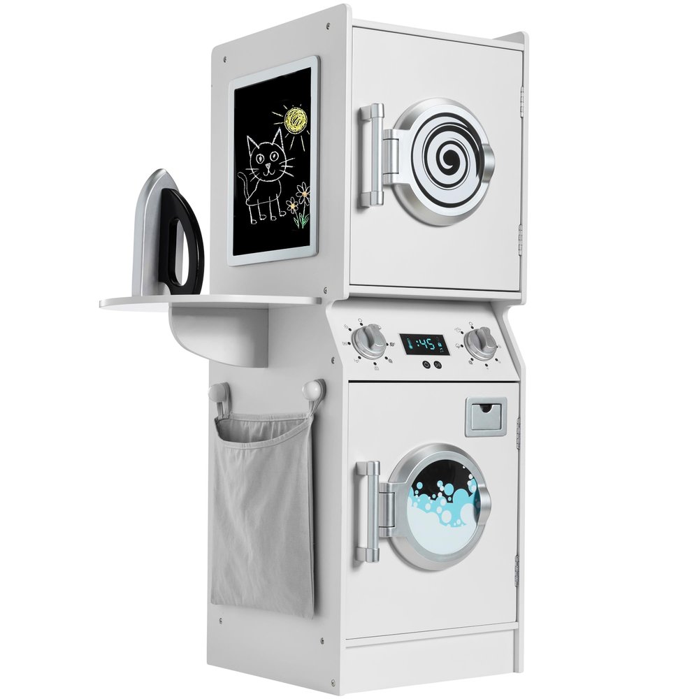 Best Choice Products Pretend Play Kids Wooden Stacked Washer & Dryer Set with Toy Laundry Storage, Space-Saving Design, with Accessories - White
