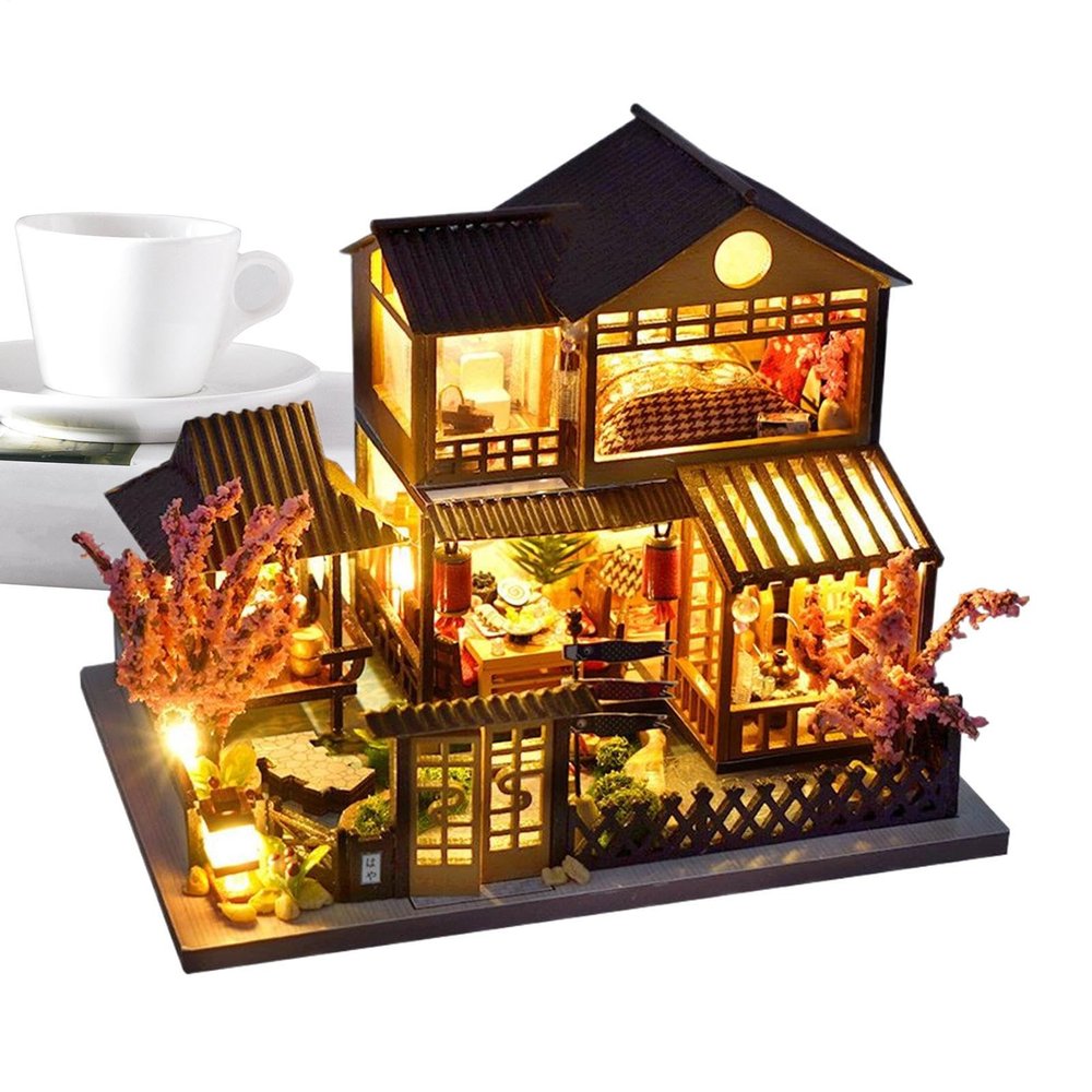 3D Wooden Puzzles, House Miniature Kits for Adults, Villa Building Blocks with LED Light, Craft Realistic Model for Library Men Kids Home Decoration DIY Projects Portable