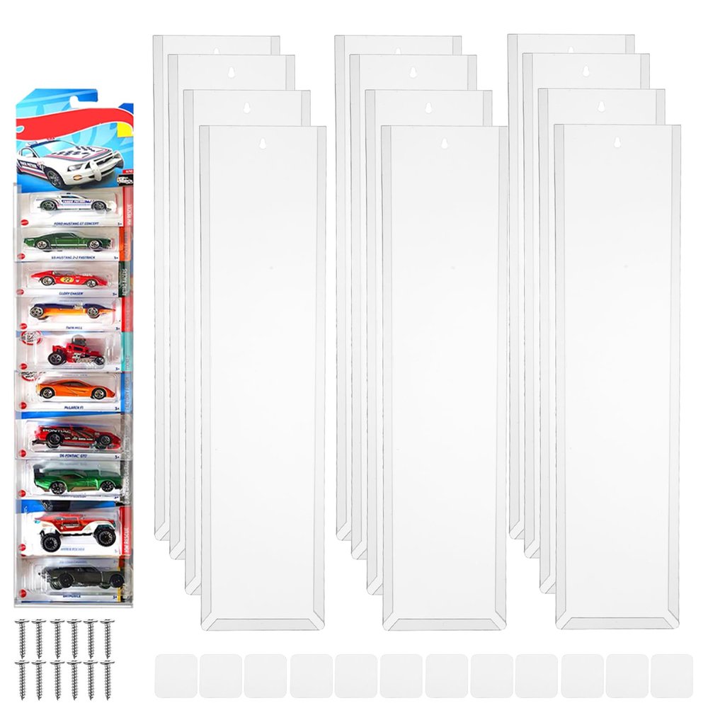 12 Pack Clear Display Case for Packaged Model Cars Toy Car Storage Organizer Wall Mount-Holds up to 120 Cars Model Car Display Cases Display Shelf Rack Compatible with Hot Wheels, 16.7x4.4