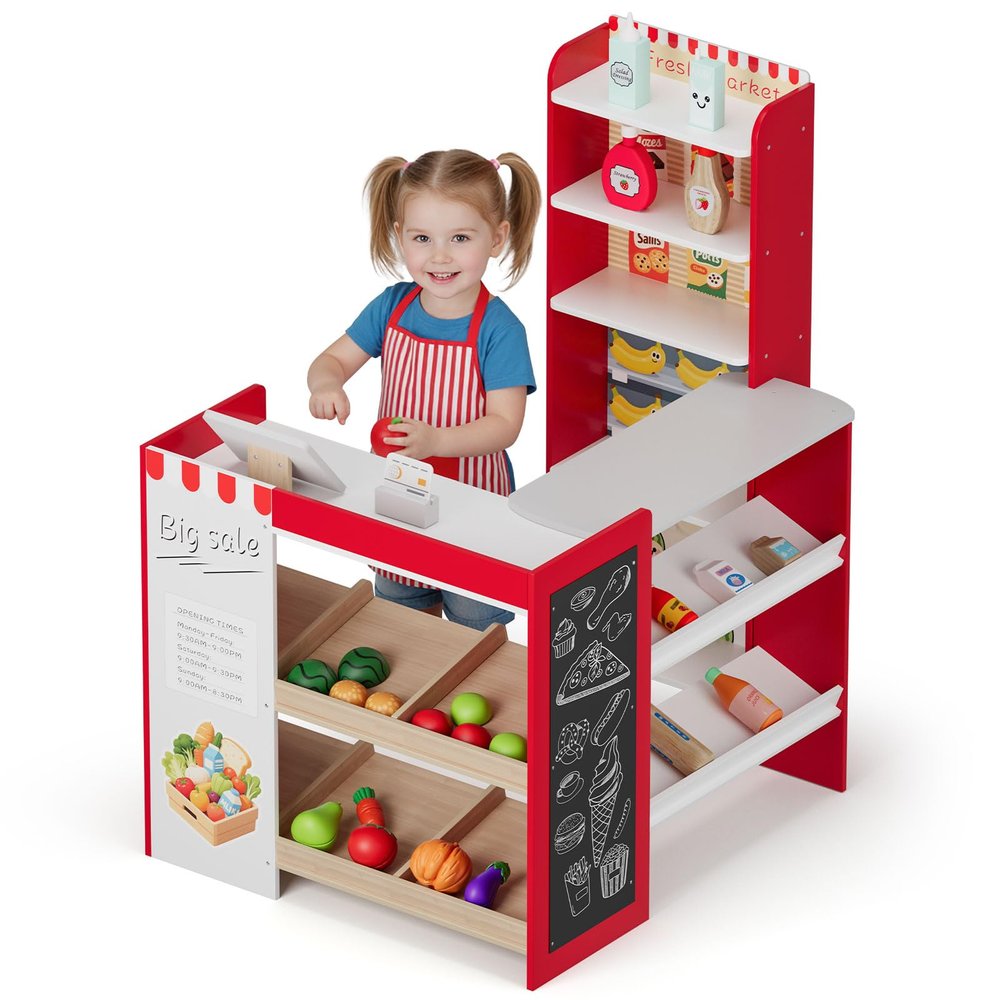 Arlopu Kids Pretend Play Grocery Store Playset, Wooden Supermarket Toy Set, Toddler Market Checkout Stand with Chalkboard, Cash Register, Display Shelves, Play Food Accessories (Red)