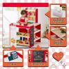 Arlopu Kids Pretend Play Grocery Store Playset, Wooden Supermarket Toy Set, Toddler Market Checkout Stand with Chalkboard, Cash Register, Display Shelves, Play Food Accessories (Red) view 4