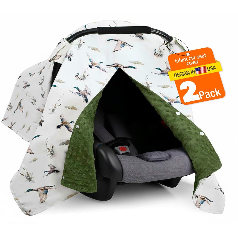 2 Pack Mallard Duck Car Seat Cover - Minky Infant Car Seat Canopy with Peekaboo Opening, Multi-Use Nursing Cover & Stroller Blanket, 27.5 x 39 Inch for Newborn Baby Boy Girl