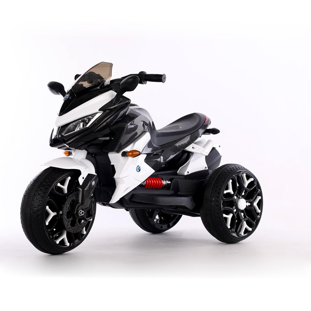 12V Electric Kids Motorcycle for 3-8 Year Old Boys Girls, 3-Wheel Ride-On Toy Motorbike with Lighting Wheels, Music Player (Connect with Phone) and Hand Drive (White)