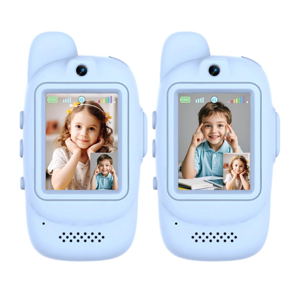 Video Walkie Talkies for Kids, Toys Walkie Talkies Rechargeable 2 Pack with 0.3MP Camera, 1000mAh, Ergonomic, Long Range 2 Way Radio, Indoor Outdoor, Birthday Gift for Boy Girl Age 3-12 (Blue & Blue)