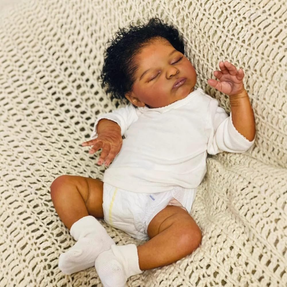 19 Inch Realistic Baby Dolls Black Girl African American Reborn Dolls Silicone Dark Skin Tone with White Onesie, Lifelike Asleep Newborn Babies Magnetic Pacifier & Real Life Baby Doll Accessories