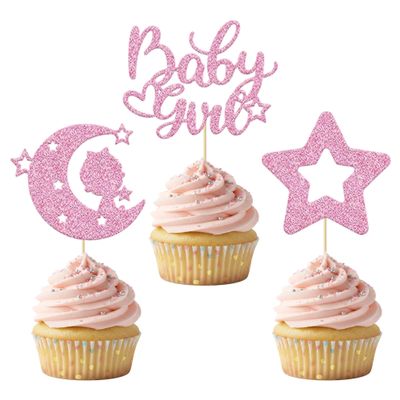 12 Pcs Baby Girl Cupcake Toppers with Moon Star Pink Glitter Cupcake Picks for Baby Shower Gender Reveal Kids Girls Birthday Party Cupcake Decorations Supplies