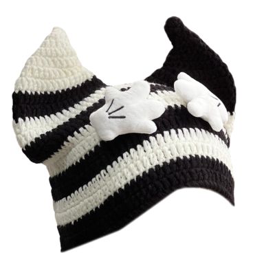 arzgul Oversized Horn Hat with Ear Lovely Colorful Skiing Hat Furry Ear Cartoon Photo Props Outdoor Head Wrap for Halloween(Black and White B)