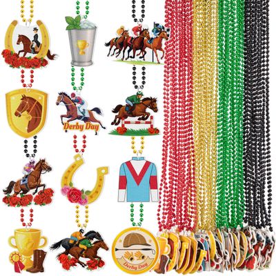 90shine 36 Pcs Kentucky Horse Derby Necklace Party Supplies - Horsing Racing Themed Beads with Pendant Accessories for Adult Women Men Decorations
