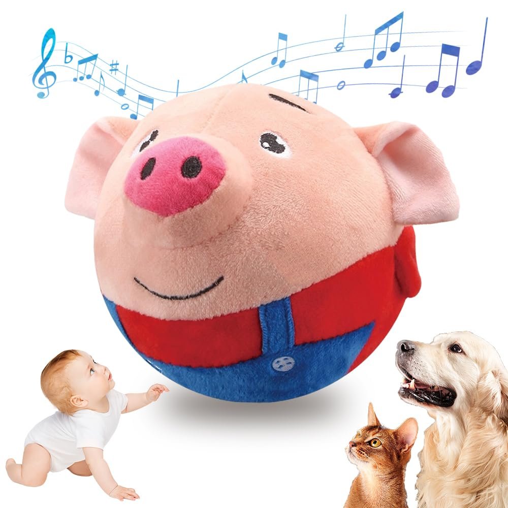 Interactive Moving Dog Toy - Bouncy Singing Plush Toy for Small/Large Dogs & Puppies, Squeaky Boredom Buster to Keep Pets Busy (Red Pig)