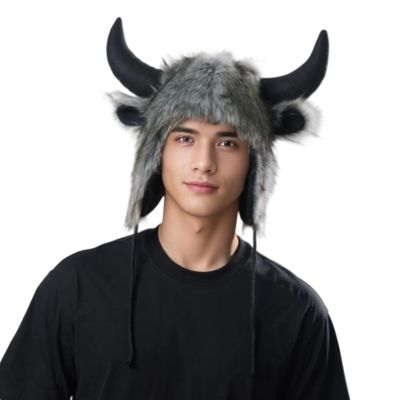 arzgul Funny Plush Cow Horn Hat with Earflaps for Winter Outdoor Activity Cold Weather Head Protectors Halloween Headwear