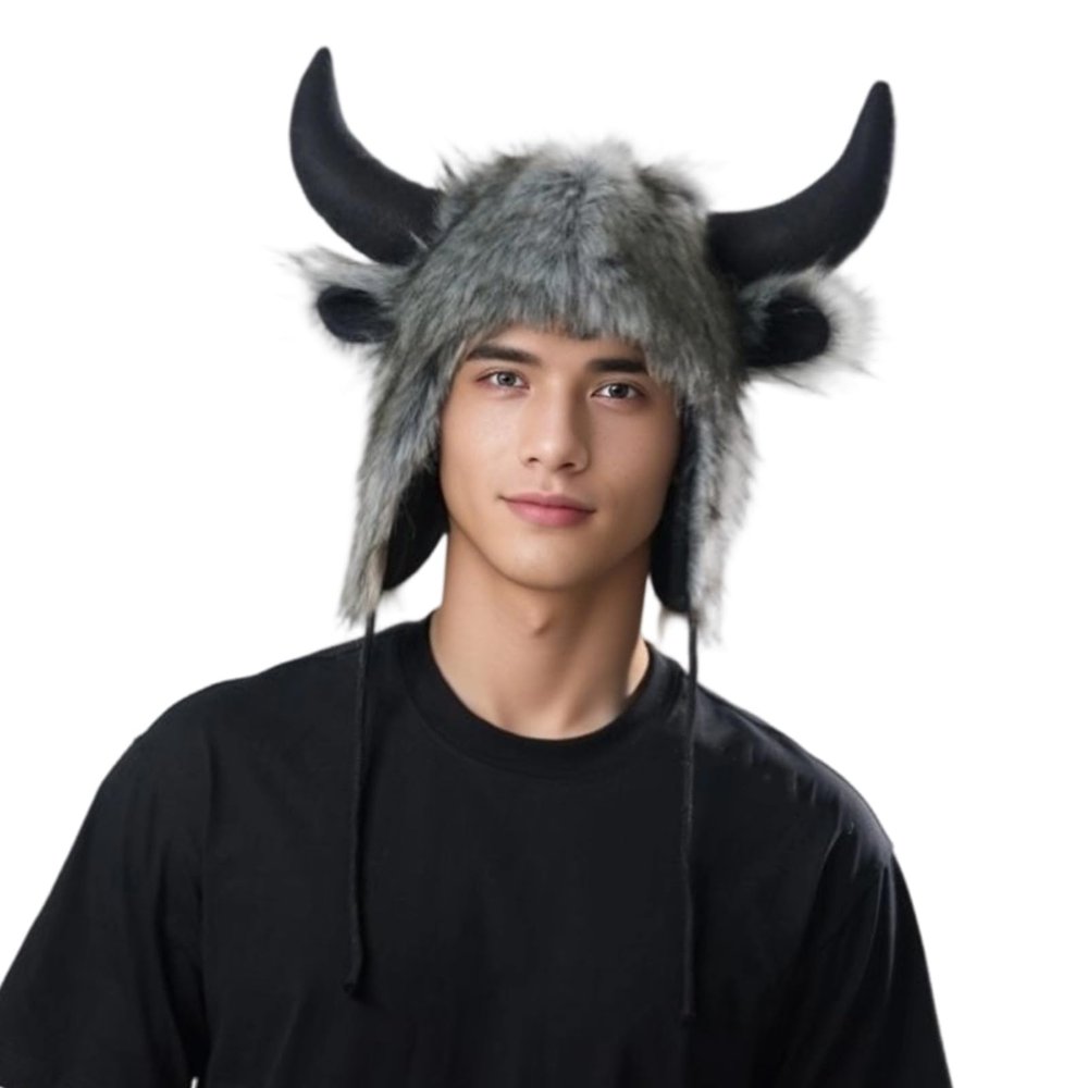arzgul Funny Plush Cow Horn Hat with Earflaps for Winter Outdoor Activity Cold Weather Head Protectors Halloween Headwear