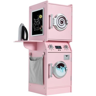 Best Choice Products Pretend Play Kids Wooden Stacked Washer & Dryer Set with Toy Laundry Storage, Space-Saving Design, with Accessories - Pink