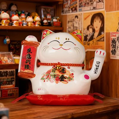 Ceramic Hand-Painted Electric Waving Arm Maneki Neko Lucky Cat - Feng Shui Fortune & Business Prosperity Decor for Home Office Shop (Red Lucky Cat for Prosperous Business and Wealth Attraction)