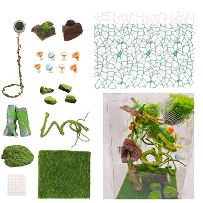 22 Pcs Jumping Spider Enclosure Decor Accessories, Terrarium Landscaping Kit with Mossy Wood, Green Vine, Mesh, Mini Mushrooms & Grass Mat for Tarantula Reptile Habitat Decoration