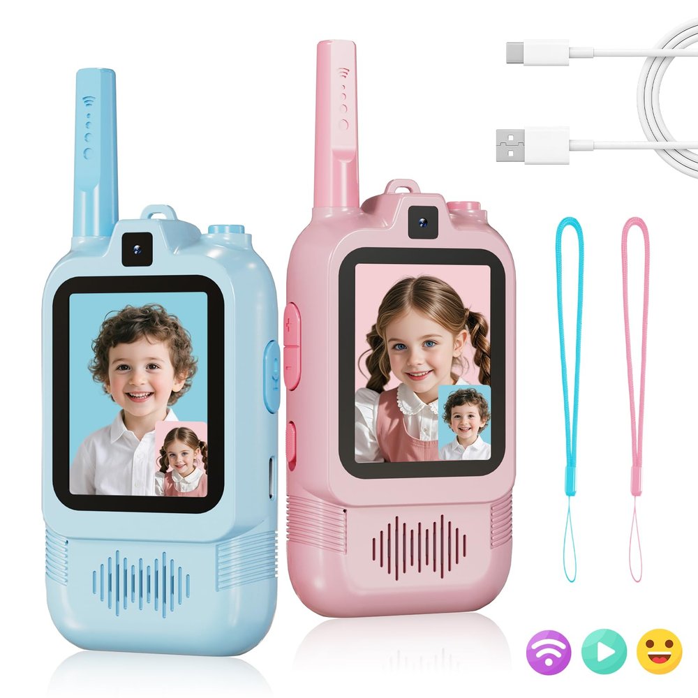 Video Walkie Talkies for Kids, Dual Camera 2-Pack Rechargeable Video Intercom,1600 Ft Range 2 Way Radios Toys|Voice Chat&Photo, Gifts for Age 3-12 Boys Girls Indoor Outdoor Games, Camping (Pink/Blue)