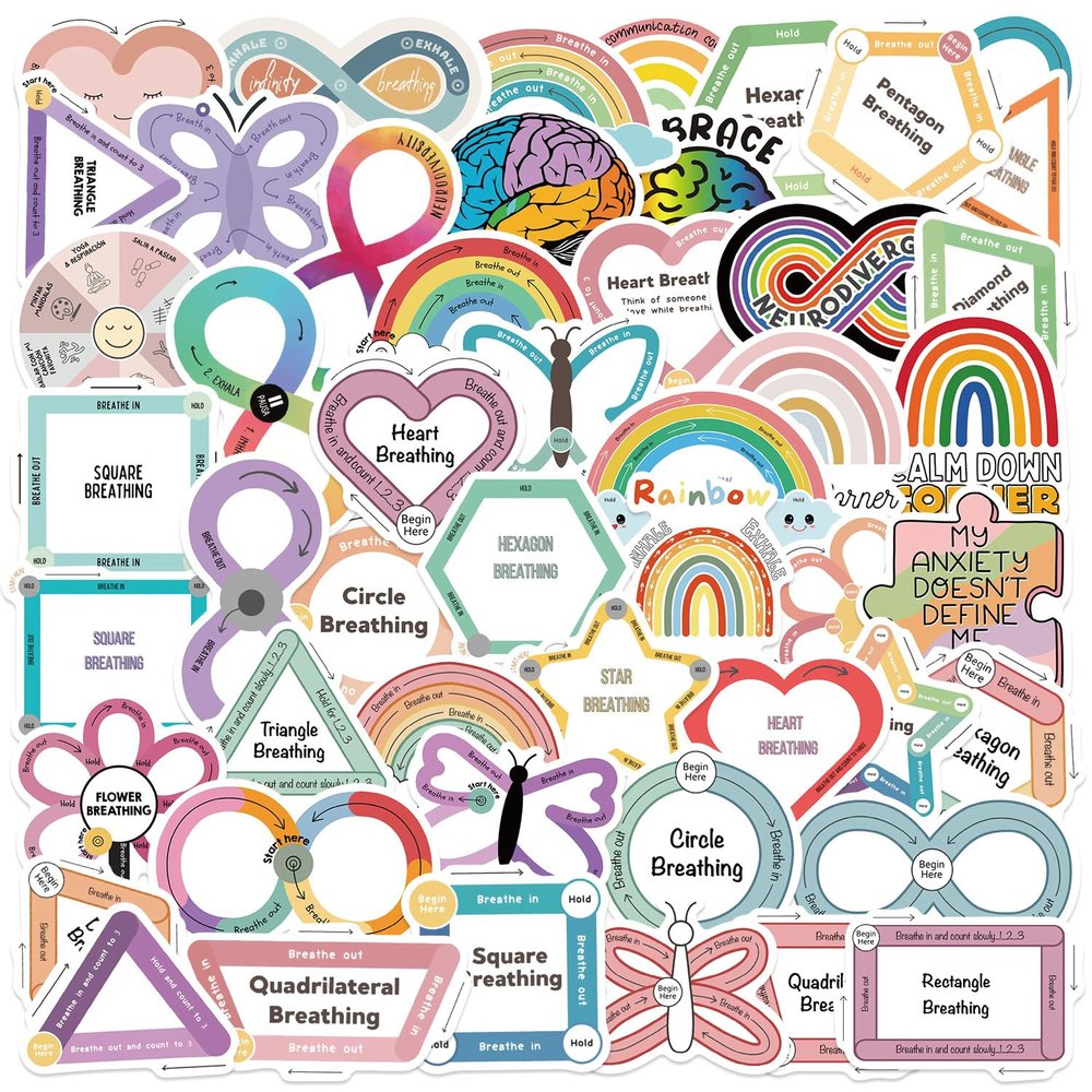 100 Pcs Calming Breathing Exercise Stickers - Waterproof Vinyl Removable No Residue Stickers, for Skateboard Fridge Laptop Phone Luggage, Suitable for Kids Girls Adults Boys(Calm-100)