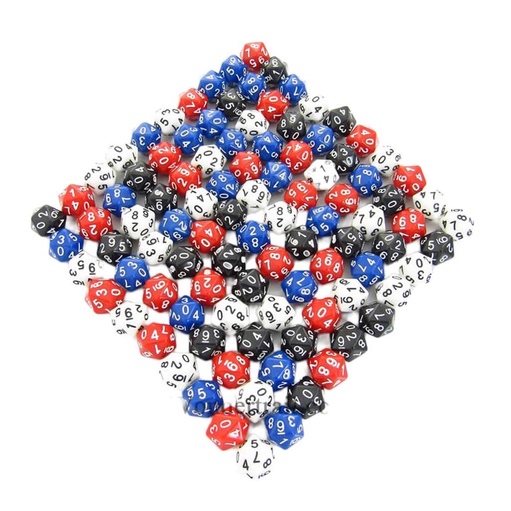 Assorted Opaque D20 Dice Numbers 0-9 Twice Pack of 100 Dice Koplow Games