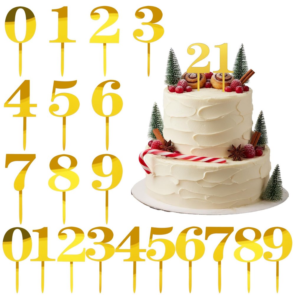 20 Pcs Acrylic Numbers for Cake 0-9, Number Cake Topper 2-Inch Gold for Birthday Wedding Anniversary Party & Cupcake Decorations