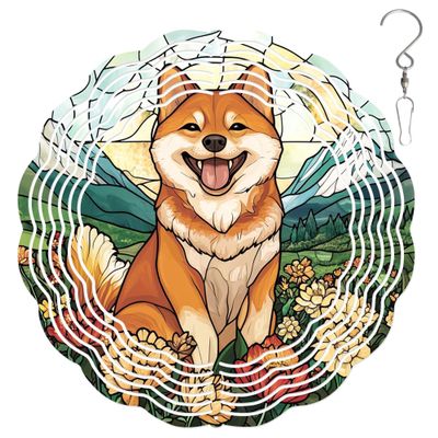 10-Inch Metal Wind Spinner Shiba Inu with Himalayan Wild Flower 3D Dog Wind Spinner, Unique Metal Hanging Kinetic Wind Sculpture Ornament Yard Art Garden Patio Lawn Indoor Outdoor Decor